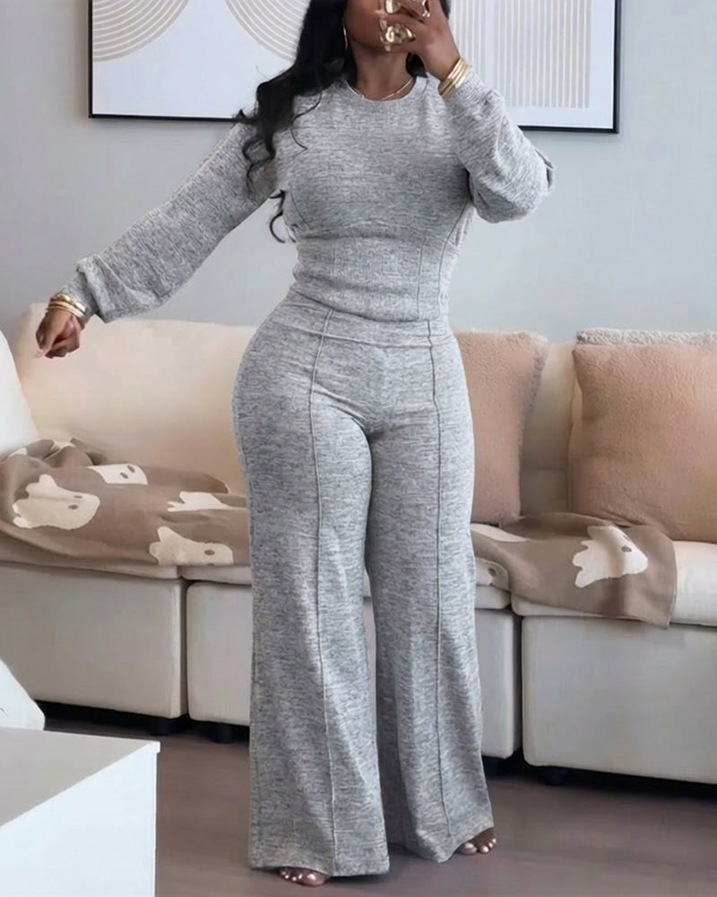 2 Pieces Outfit O-neck Long Sleeve Cinched Waist Sweatshirt and Elastic Waist Wide Leg Pants Set Casual Seam Design Sweatpants Set