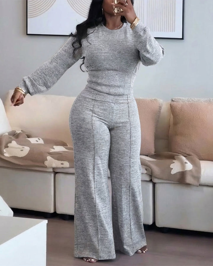 2 Pieces Outfit O-neck Long Sleeve Cinched Waist Sweatshirt and Elastic Waist Wide Leg Pants Set Casual Seam Design Sweatpants Set