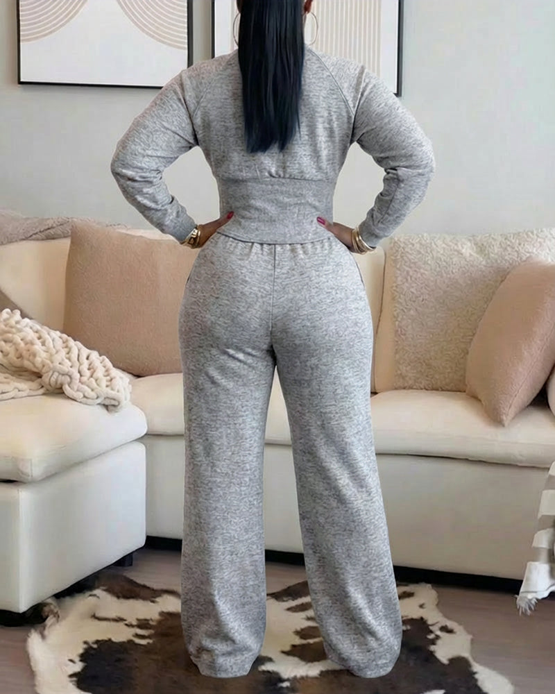 2 Pieces Outfit O-neck Long Sleeve Cinched Waist Sweatshirt and Elastic Waist Wide Leg Pants Set Casual Seam Design Sweatpants Set