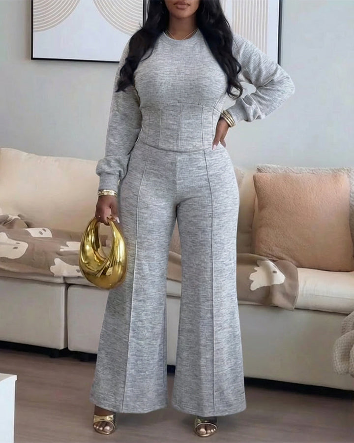 2 Pieces Outfit O-neck Long Sleeve Cinched Waist Sweatshirt and Elastic Waist Wide Leg Pants Set Casual Seam Design Sweatpants Set