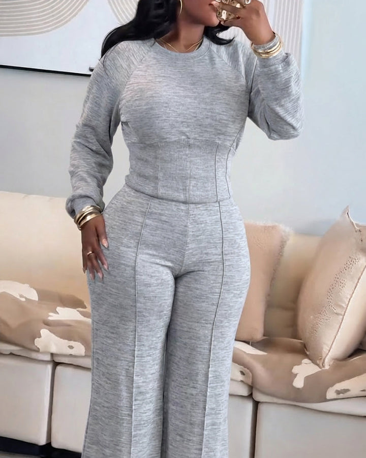 2 Pieces Outfit O-neck Long Sleeve Cinched Waist Sweatshirt and Elastic Waist Wide Leg Pants Set Casual Seam Design Sweatpants Set