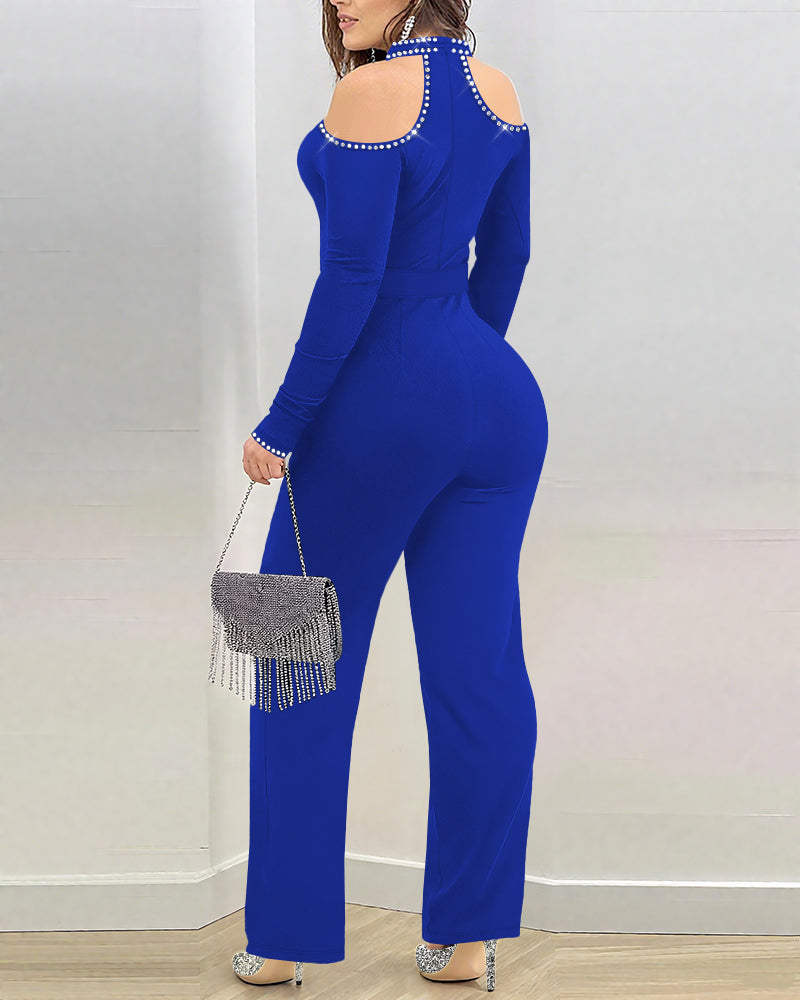 Rhinestone Decor Halter Cold Shoulder Long Sleeve Overalls Hollow-out Front Zipper Back Jumpsuit with Belt