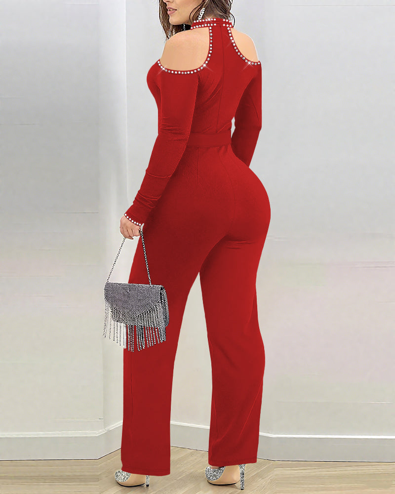 Rhinestone Decor Halter Cold Shoulder Long Sleeve Overalls Hollow-out Front Zipper Back Jumpsuit with Belt