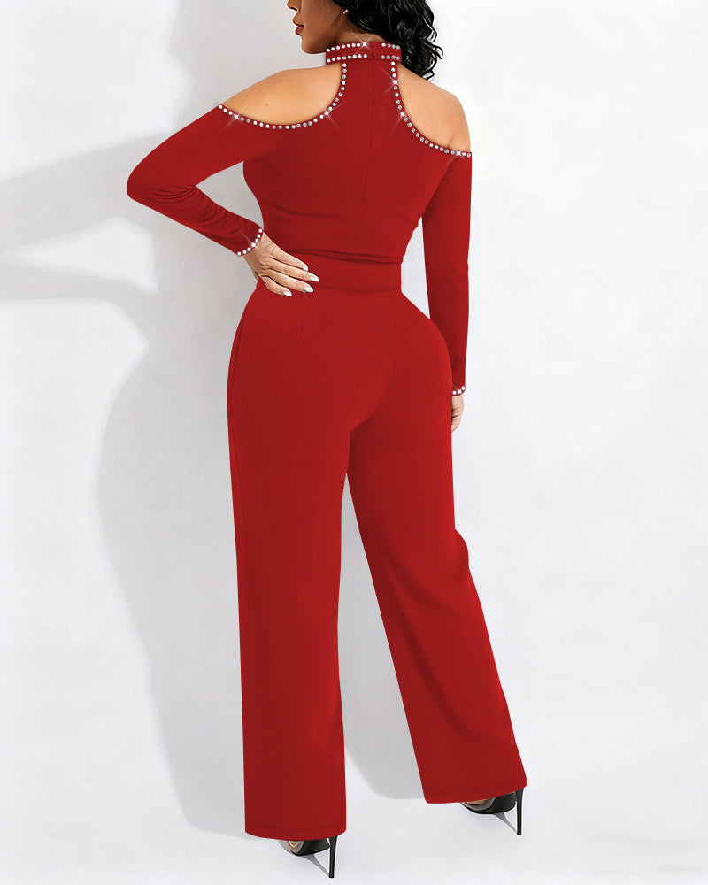 Rhinestone Decor Halter Cold Shoulder Long Sleeve Overalls Hollow-out Front Zipper Back Jumpsuit with Belt