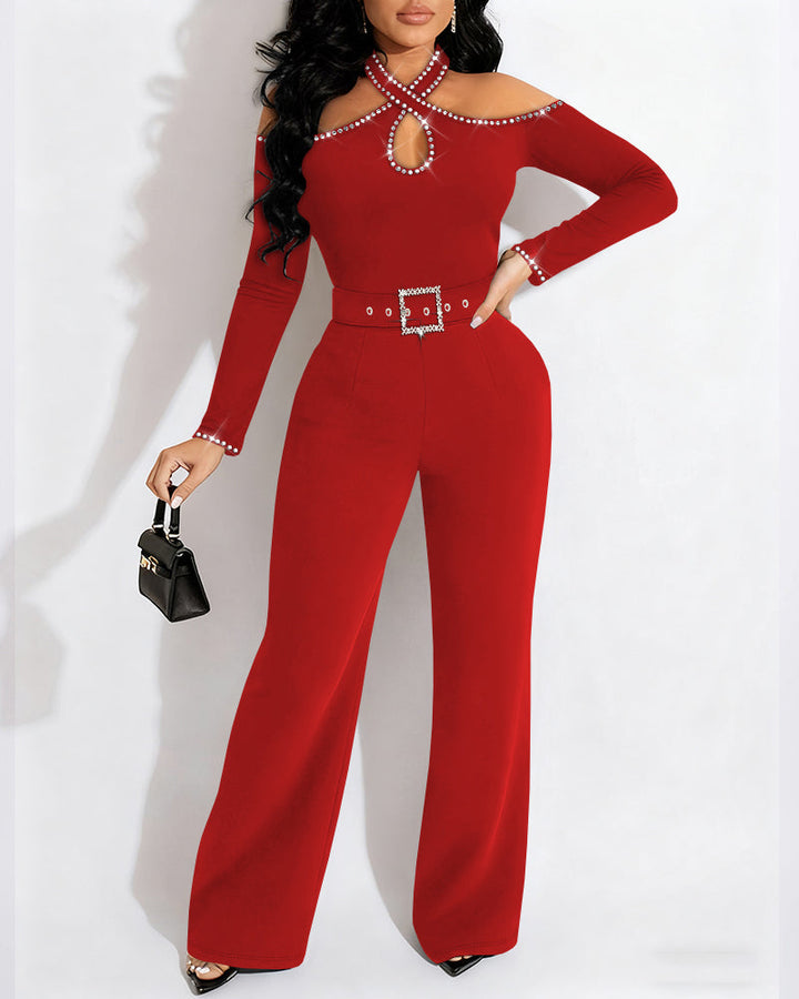 Rhinestone Decor Halter Cold Shoulder Long Sleeve Overalls Hollow-out Front Zipper Back Jumpsuit with Belt