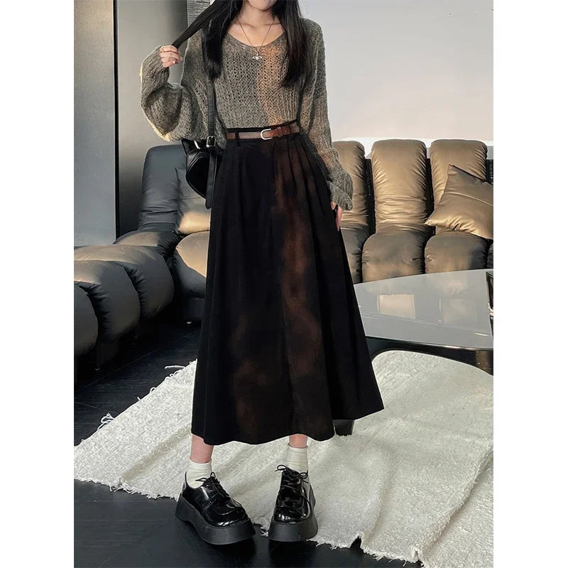 ESTELLE™ – Classic Belt Corduroy Midi Skirt