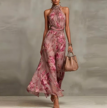 Florence |  Floral Chiffon Halter Maxi Dress