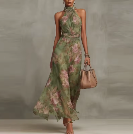 Florence |  Floral Chiffon Halter Maxi Dress