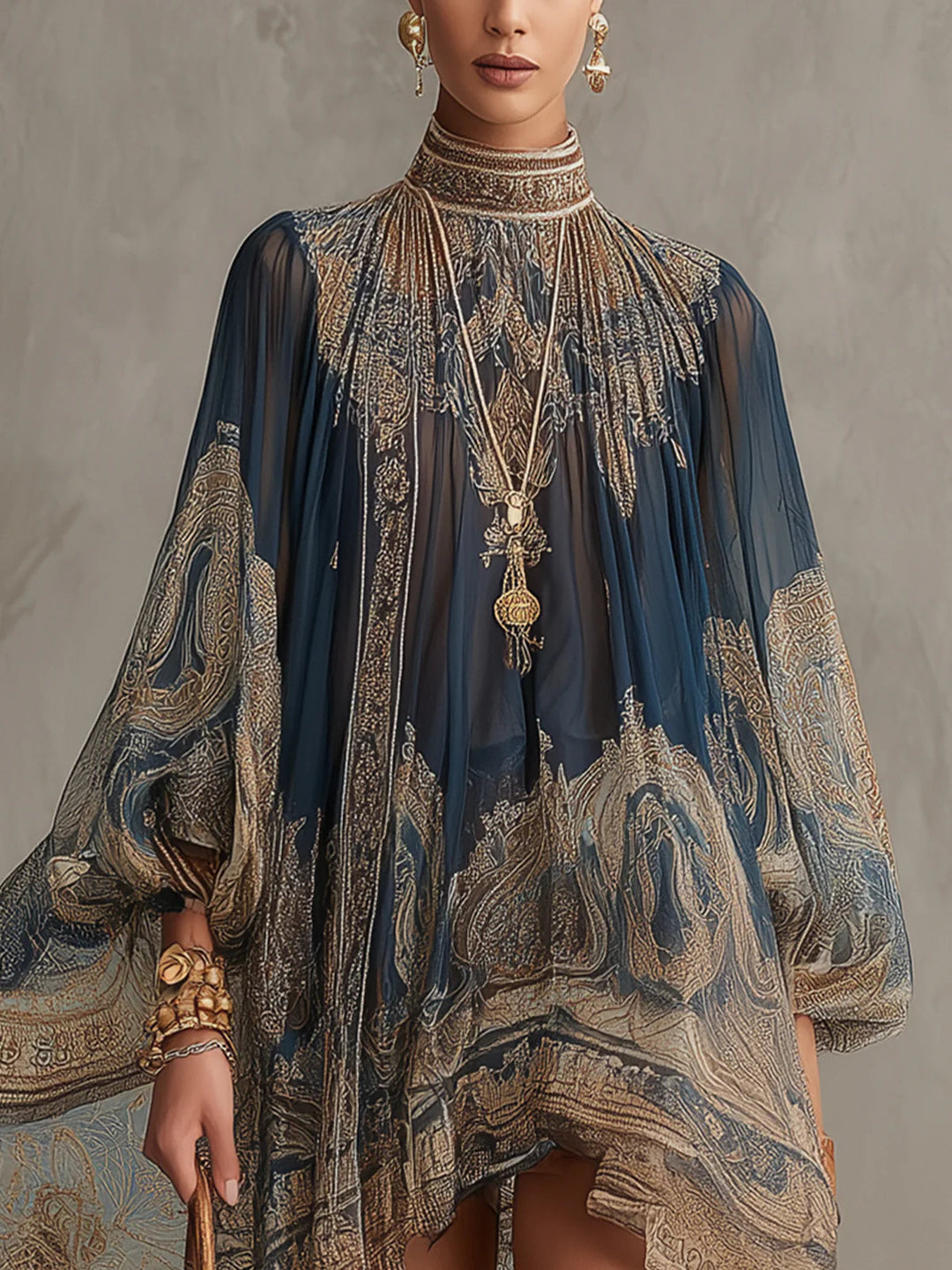 Marianna | Navy Blue Chiffon Mini Dress with Gold Baroque Print