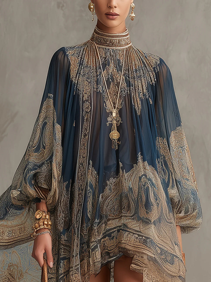 Marianna | Navy Blue Chiffon Mini Dress with Gold Baroque Print