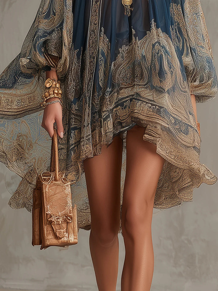 Marianna | Navy Blue Chiffon Mini Dress with Gold Baroque Print