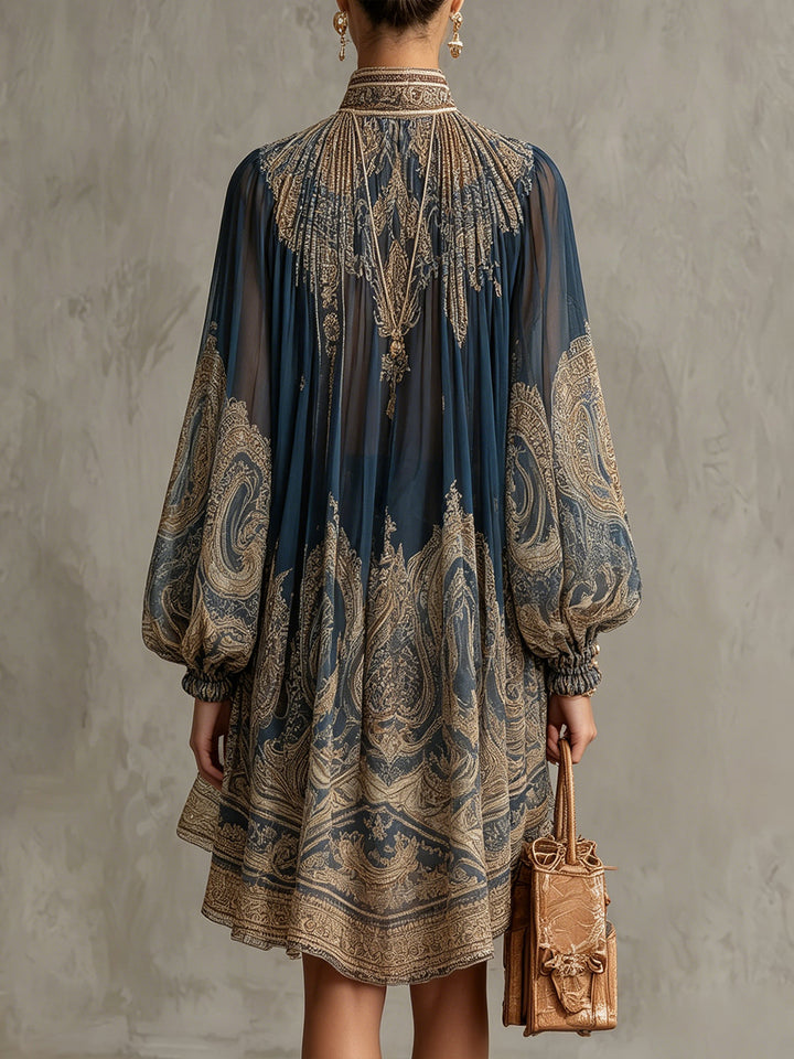 Marianna | Navy Blue Chiffon Mini Dress with Gold Baroque Print