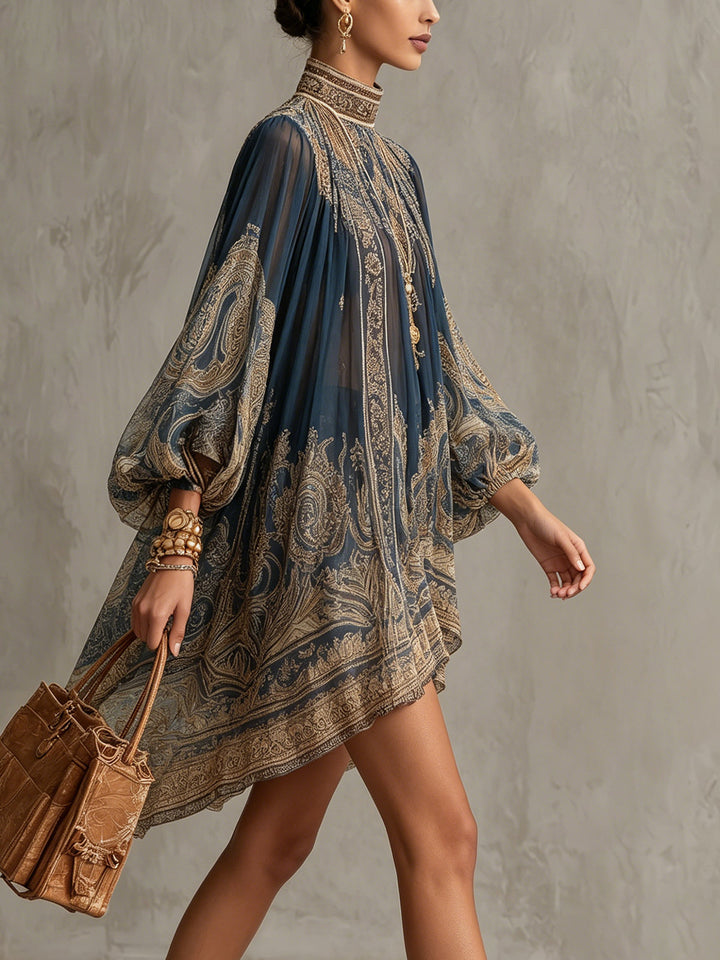 Marianna | Navy Blue Chiffon Mini Dress with Gold Baroque Print