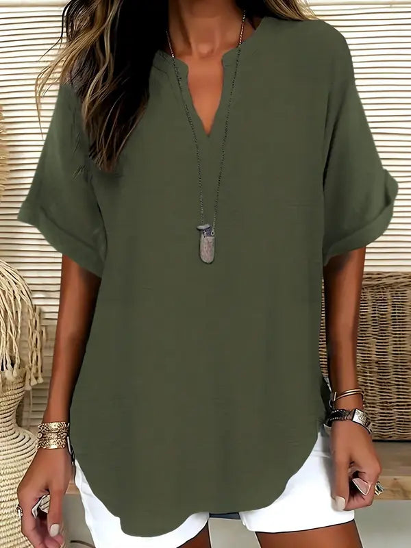 SEREIA™ - Casual Plain Short Sleeve Blouse