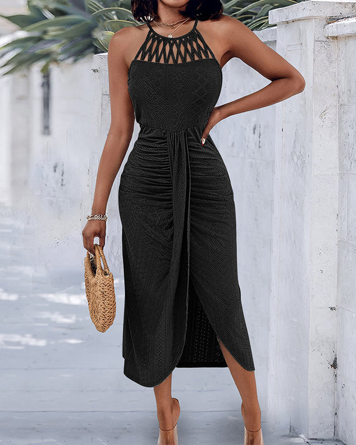 Halter Tie Criss Cross Front Knit Jacquard Textured Slit Dress Casual Hollow-out Draped Vacation Dress