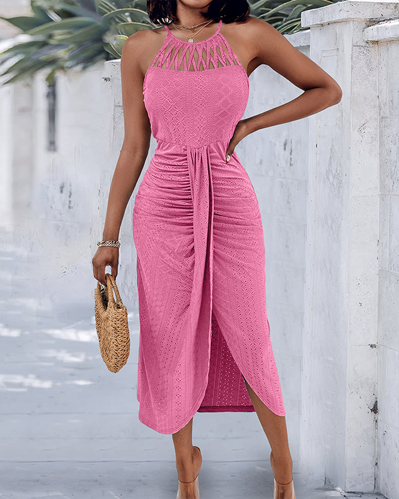 Halter Tie Criss Cross Front Knit Jacquard Textured Slit Dress Casual Hollow-out Draped Vacation Dress