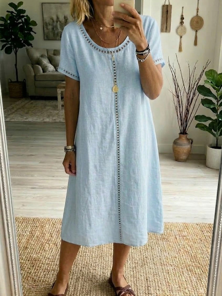 Eyelet-Trim Casual Linen Midi Dress