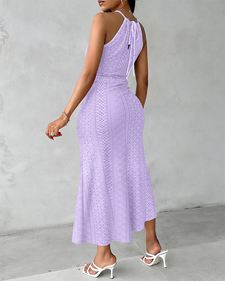 Halter Tie Criss Cross Front Knit Jacquard Textured Slit Dress Casual Hollow-out Draped Vacation Dress