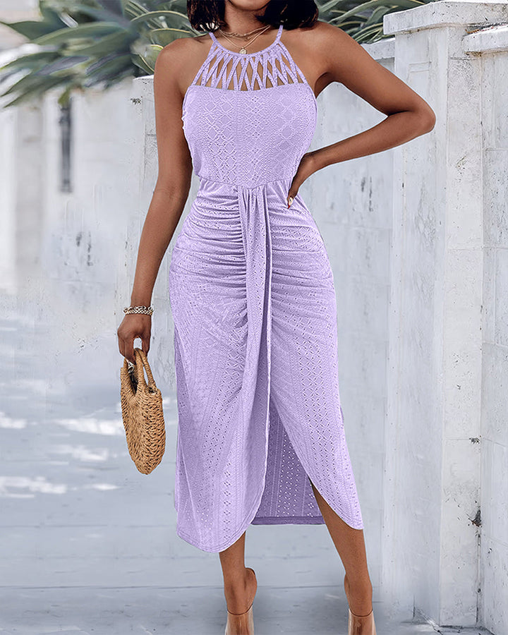 Halter Tie Criss Cross Front Knit Jacquard Textured Slit Dress Casual Hollow-out Draped Vacation Dress