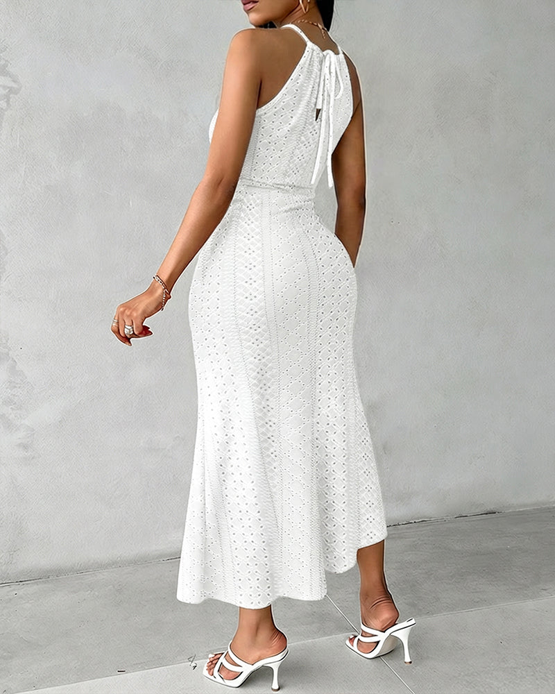 Halter Tie Criss Cross Front Knit Jacquard Textured Slit Dress Casual Hollow-out Draped Vacation Dress