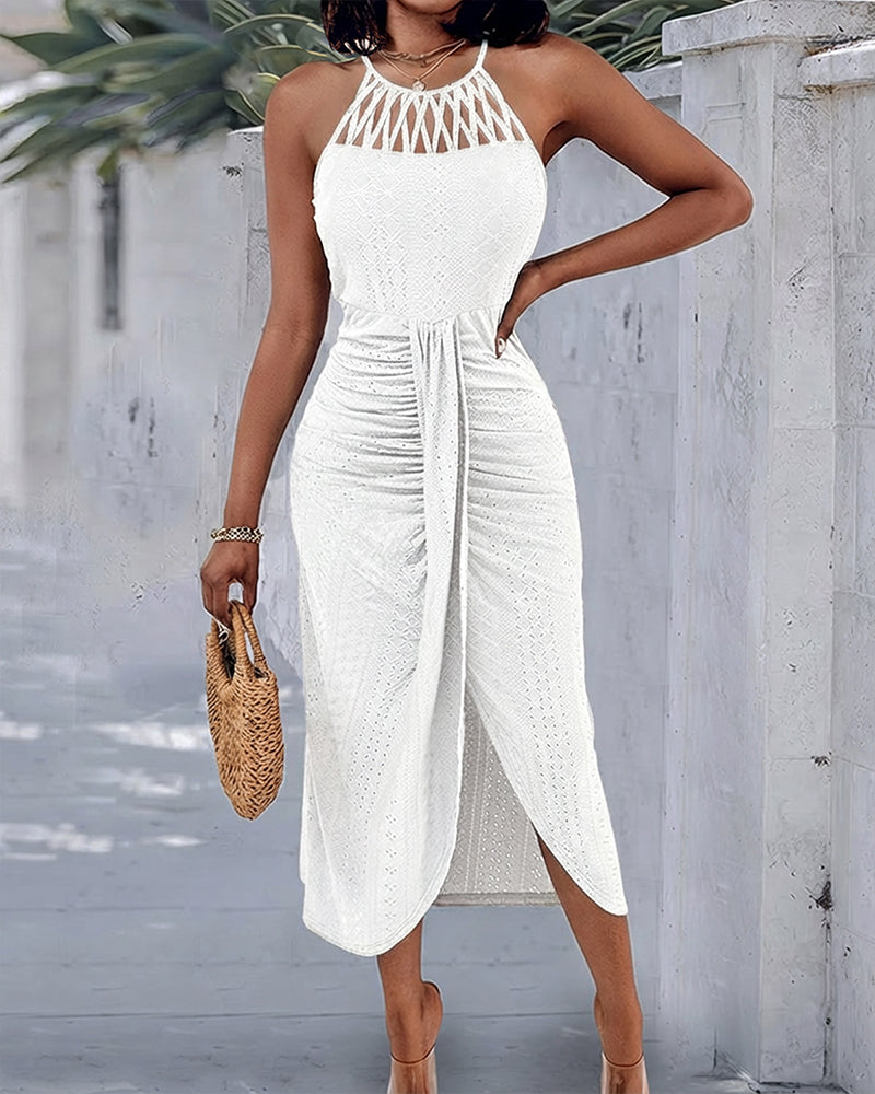 Halter Tie Criss Cross Front Knit Jacquard Textured Slit Dress Casual Hollow-out Draped Vacation Dress