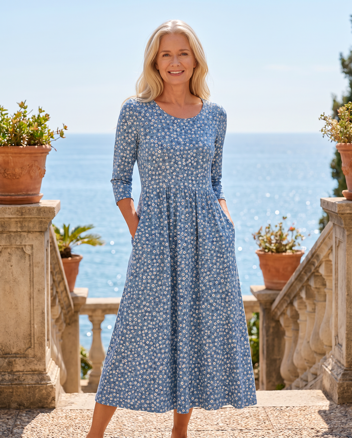 Abito midi floreale Blue Meadow facile da indossare